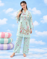 It Girl mint butterfly-print co-ord model front pose