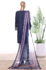 Bin Saeed Stitched 3 Piece Luxury Emb Lawn With Contrass Emb Shalwar & Bellbottom Suit-LF-3202-BLACK