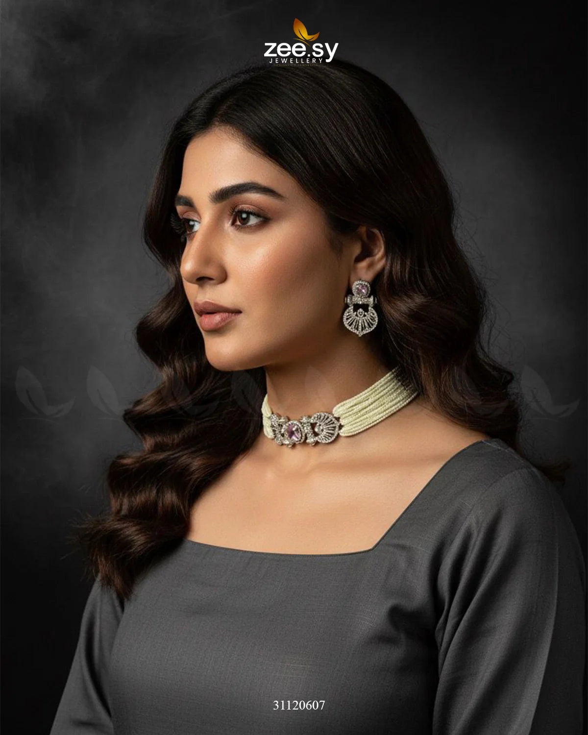 Obelisk Rhodium Polished Choker Set silver pink - Zeesy Jewellery
