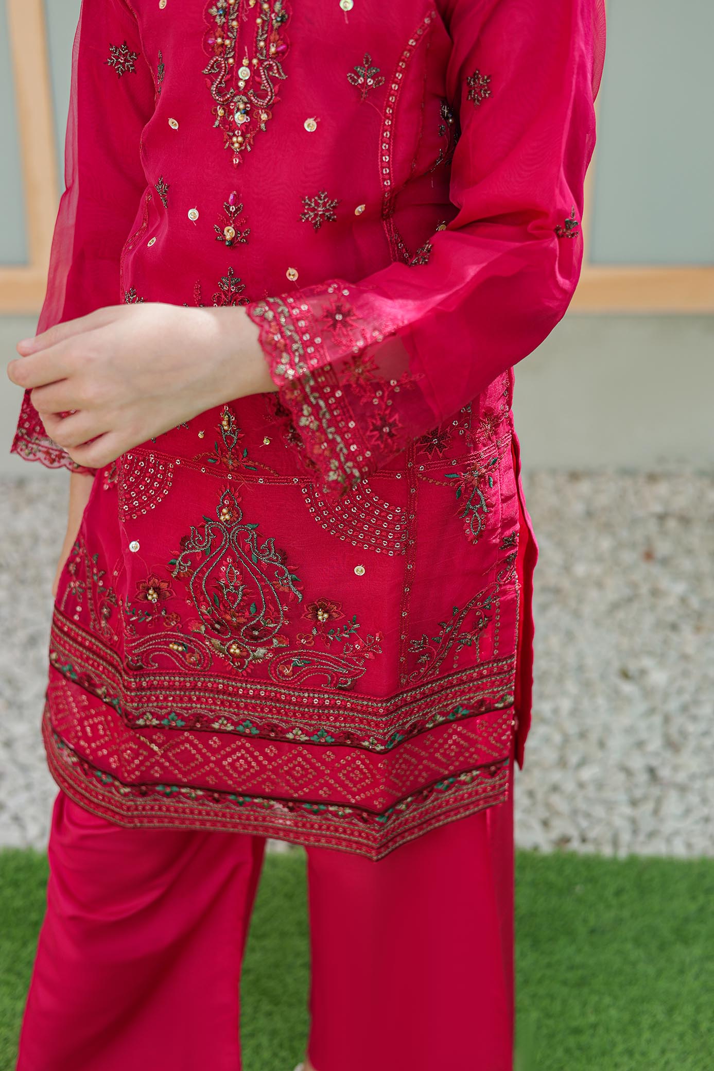 Organza Shirt with Embroidery and Adda Hand work, Inner Cotton silk, Organza Dupatta with Gota lace, Cotton Silk Trouser  