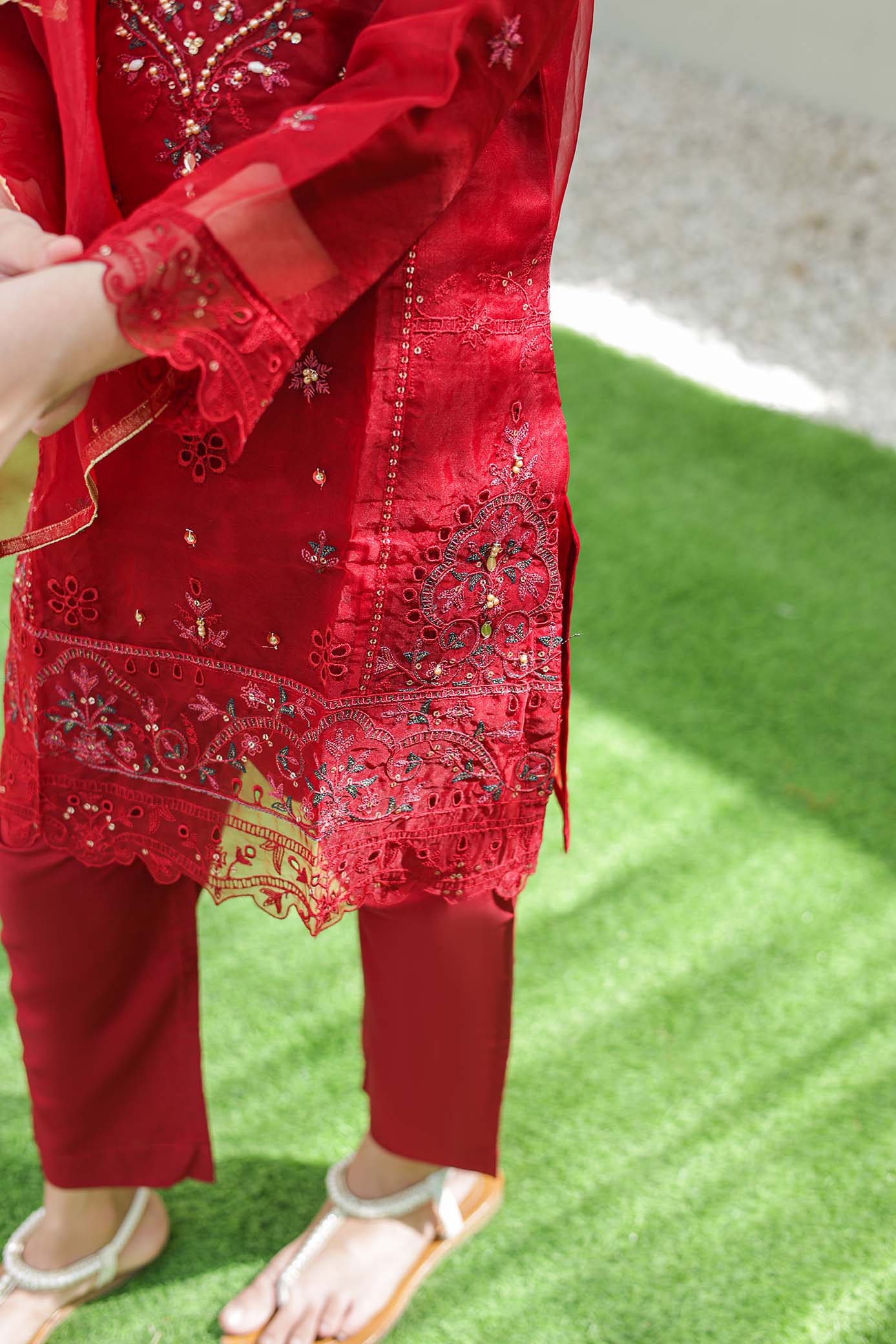 Organza Shirt with Embroidery and Adda Hand work, Inner Cotton silk, Organza Dupatta with Gota lace, Cotton Silk Trouser  