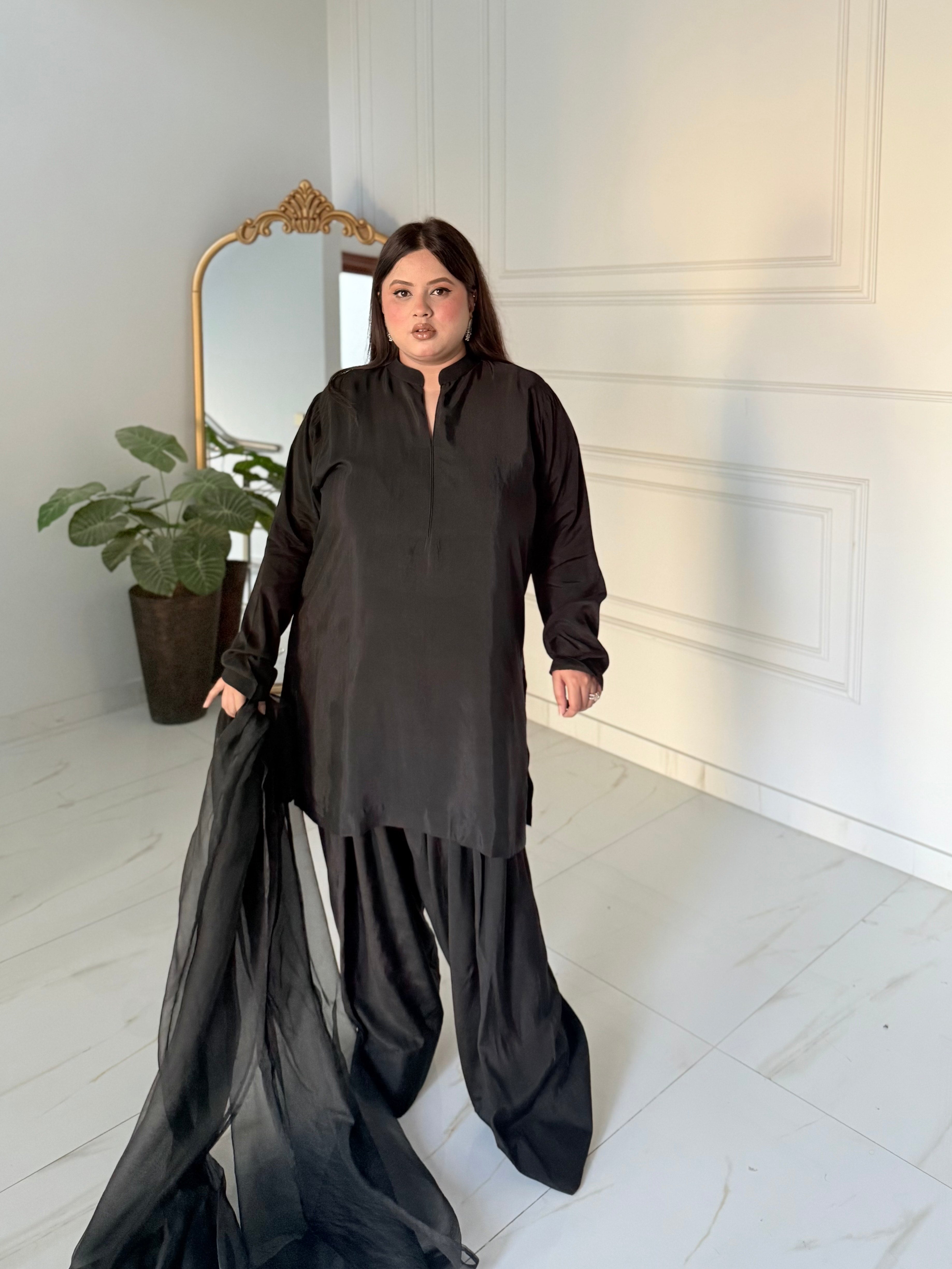 Manahils Stitched Black Farshi Shalwar Three Pc