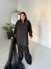 Manahils Stitched Black Farshi Shalwar Three Pc