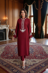Allechant By Manahils Stitched Formals-Thread Art Dark blood red