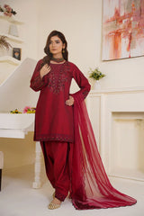 Gulbahar By Arha Eman Stitched Summer Collection'2025-Ruby- Maroon Embroidered 3 Piece Suit
