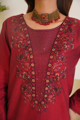 Gulbahar By Arha Eman Stitched Summer Collection'2025-Ruby- Maroon Embroidered 3 Piece Suit