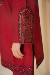 Gulbahar By Arha Eman Stitched Summer Collection'2025-Ruby- Maroon Embroidered 3 Piece Suit