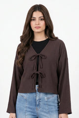 Amna Ali Nawaz Stitched Blouse-Front Bow-Chocolate Brown