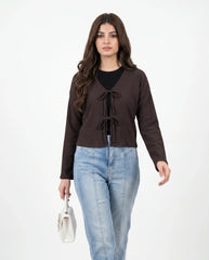 Amna Ali Nawaz Stitched Blouse-Front Bow-Chocolate Brown