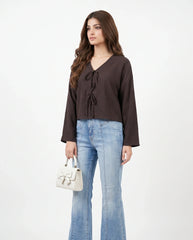 Amna Ali Nawaz Stitched Blouse-Front Bow-Chocolate Brown