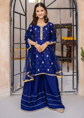 Meethi Eid By Modest Blue Rawsilk Embroidered 3 Piece Gharara