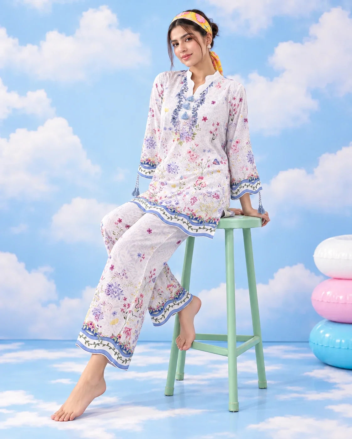 Secret Garden floral lawn shirt and trouser set seated model view
