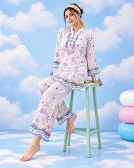 Secret Garden floral lawn shirt and trouser set seated model view
