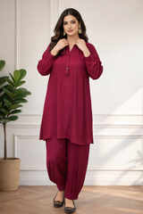 Madiha Gohar Stitched Co Ords Set-Solid Pleated-Maroon