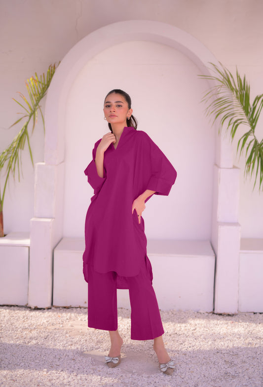 Tehzeeb Threads Solids Collection-Plum Boxy Solid Set | Stitched - 2 piece | Shirt & Trouser