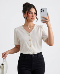 Amna Ali Nawaz Stitched Blouse-Bohemian V Neck