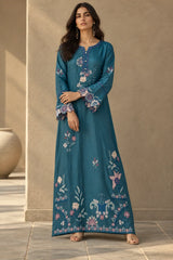 Under the Sea teal lava silk embroidered kaftan – front view