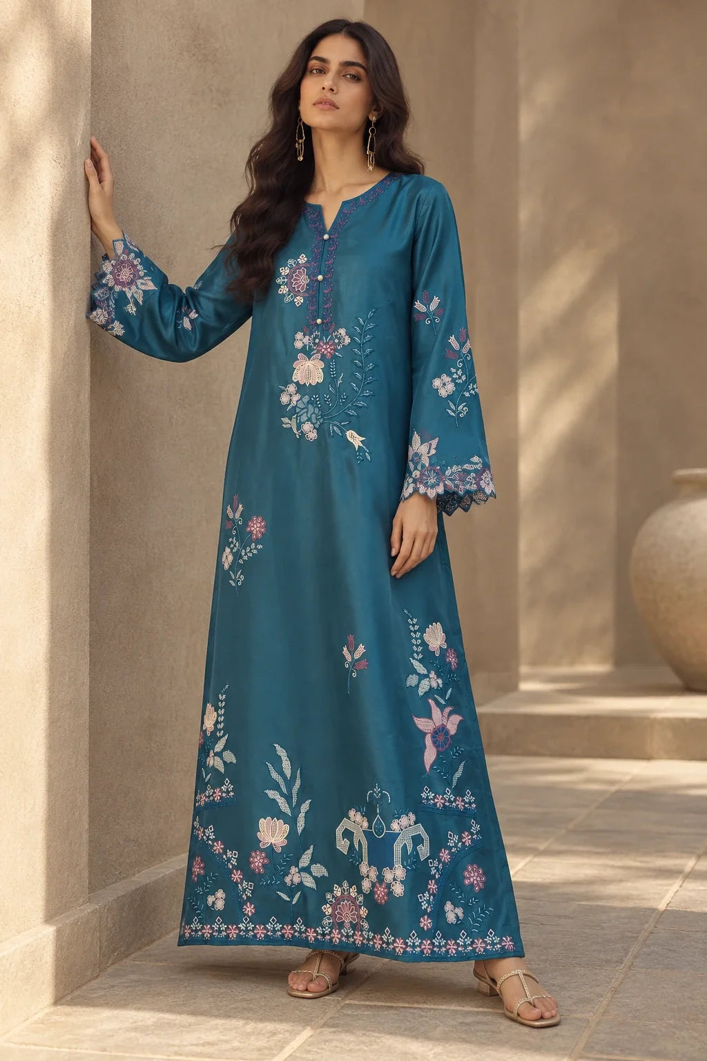 Under the Sea teal lava silk embroidered kaftan – three quarter view