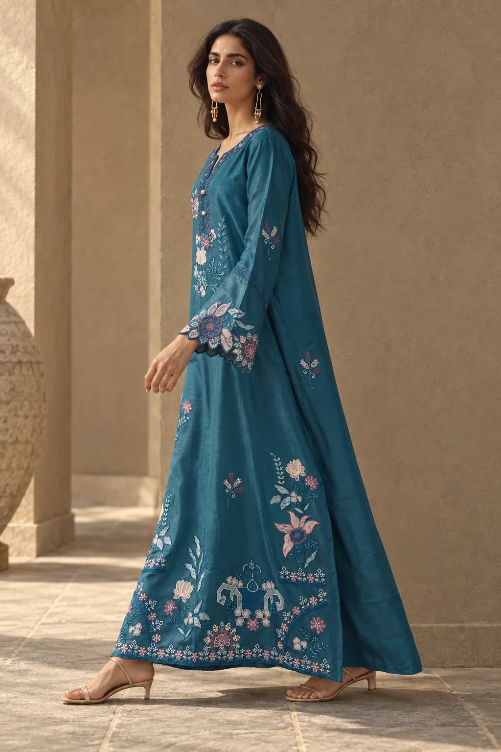Under the Sea teal lava silk embroidered kaftan – side view