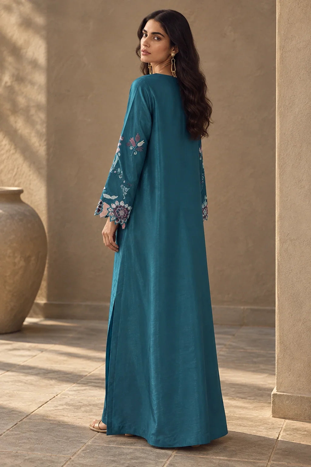 Under the Sea teal lava silk embroidered kaftan – back angle view