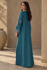 Under the Sea teal lava silk embroidered kaftan – back angle view