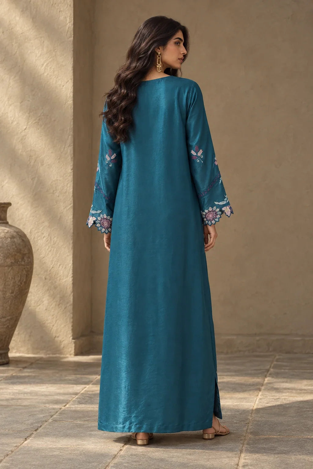 Under the Sea teal lava silk embroidered kaftan – back view