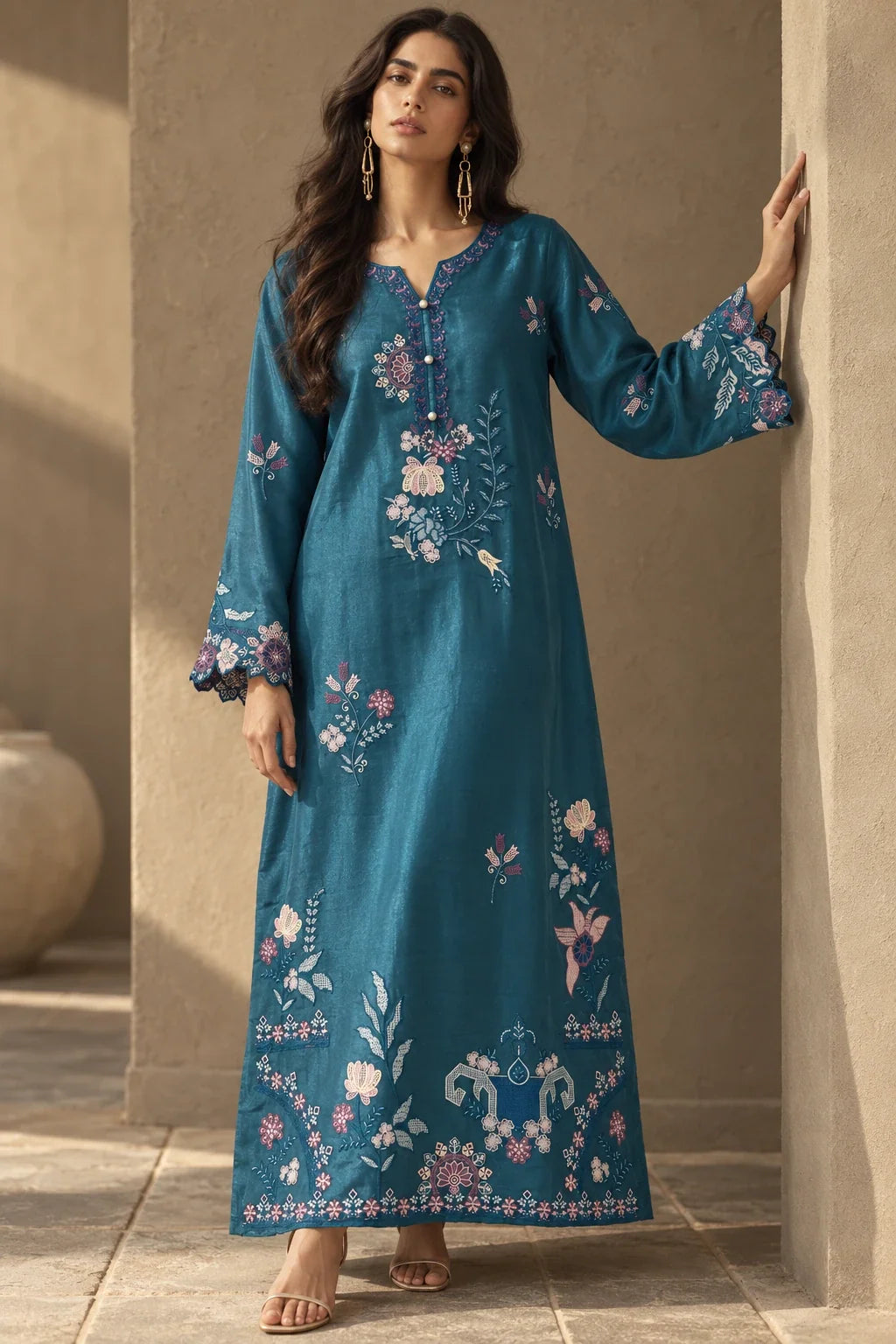 Under the Sea teal lava silk embroidered kaftan – editorial view