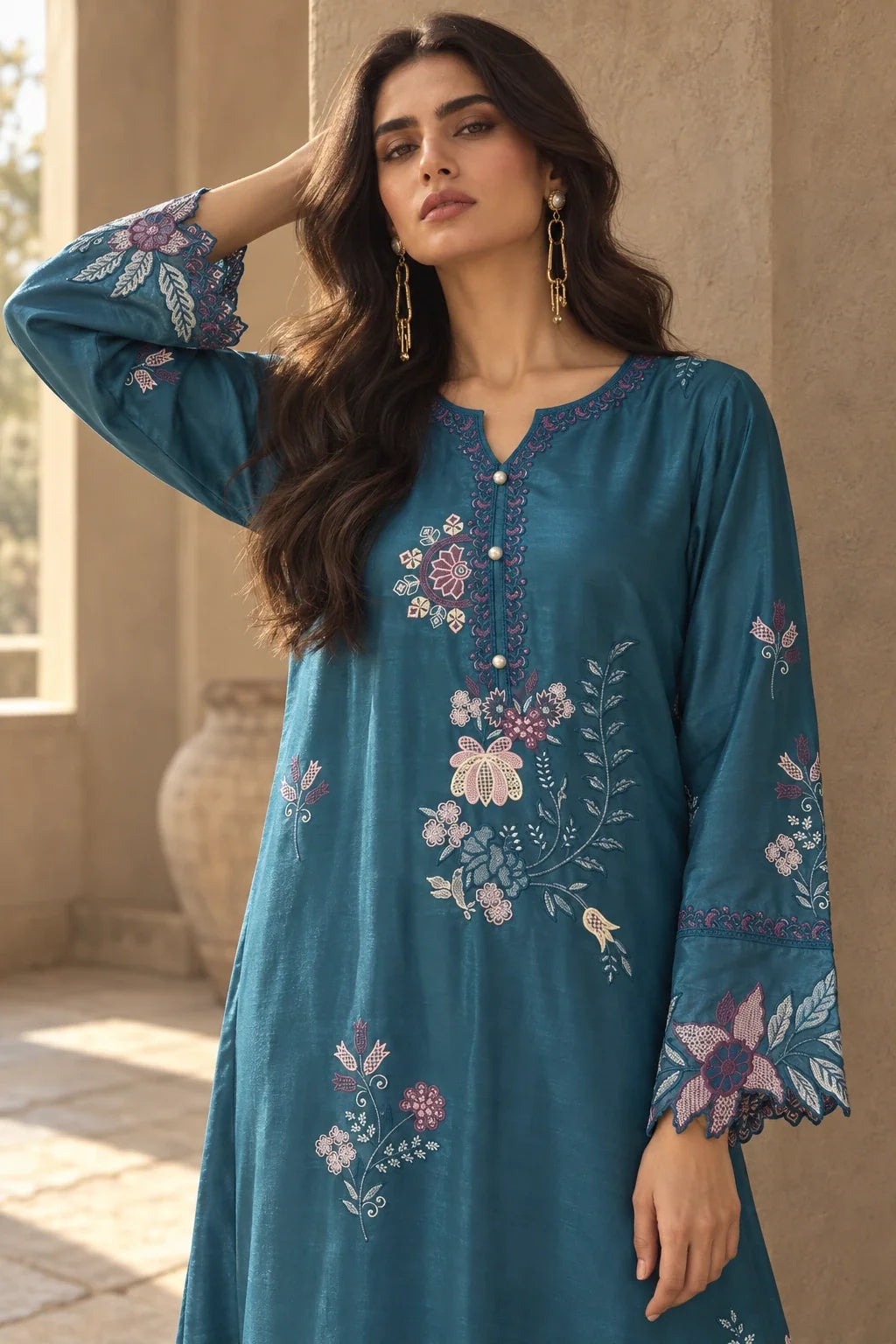 Under the Sea teal lava silk embroidered kaftan – portrait view