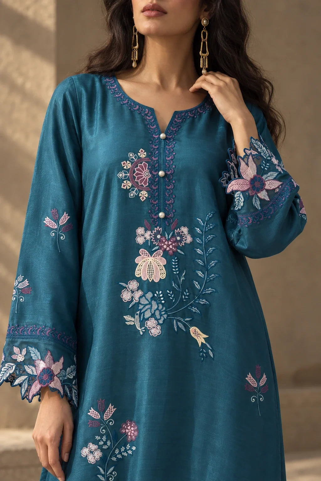Under the Sea teal lava silk embroidered kaftan – neckline view