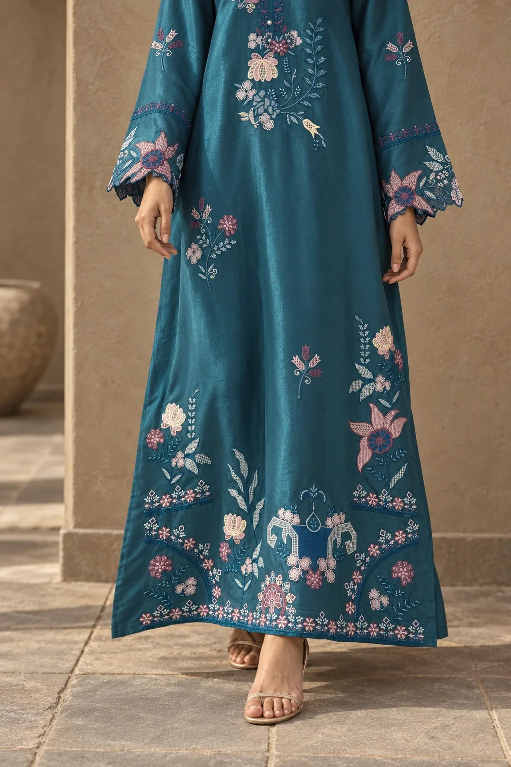 Under the Sea teal lava silk embroidered kaftan – hem view