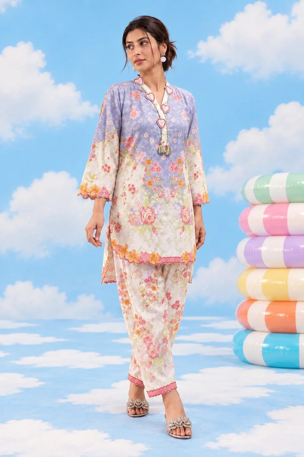 Vibe powder-blue floral lawn co-ord walking front view