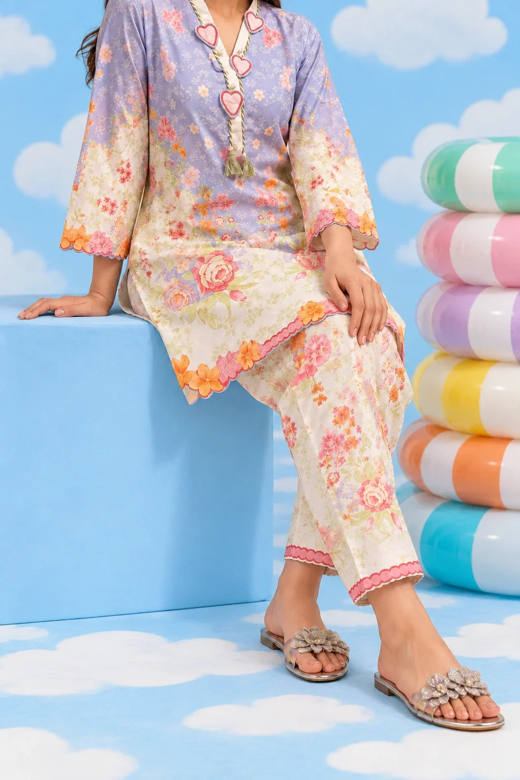 Vibe floral lawn shirt and trouser seated detail view