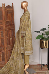 Bin Saeed Stitched 3 Piece Luxury Lawn With Bellbottom Suit-WC-2870- MEHANDI