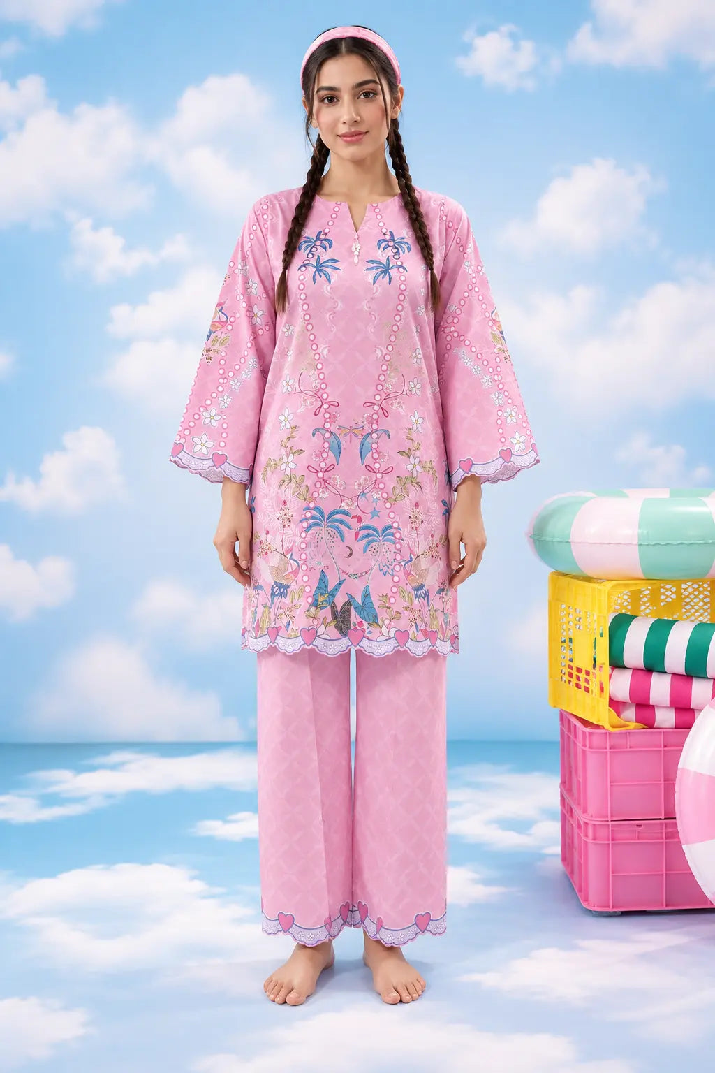 Wonderstruck pink printed lawn co-ord – full front view