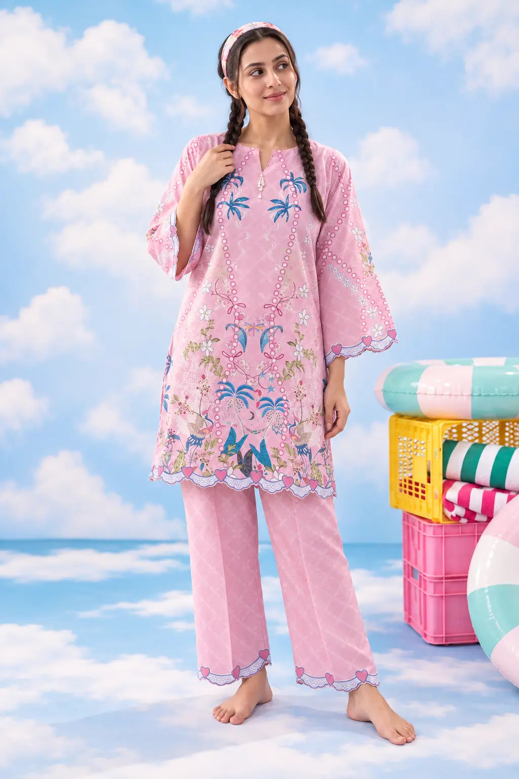 Wonderstruck pink printed lawn co-ord – three-quarter view