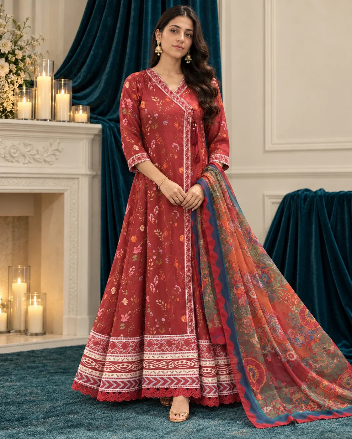 Zinnia red printed angrakha with dupatta - front view