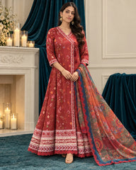 Zinnia red printed angrakha with dupatta - front view