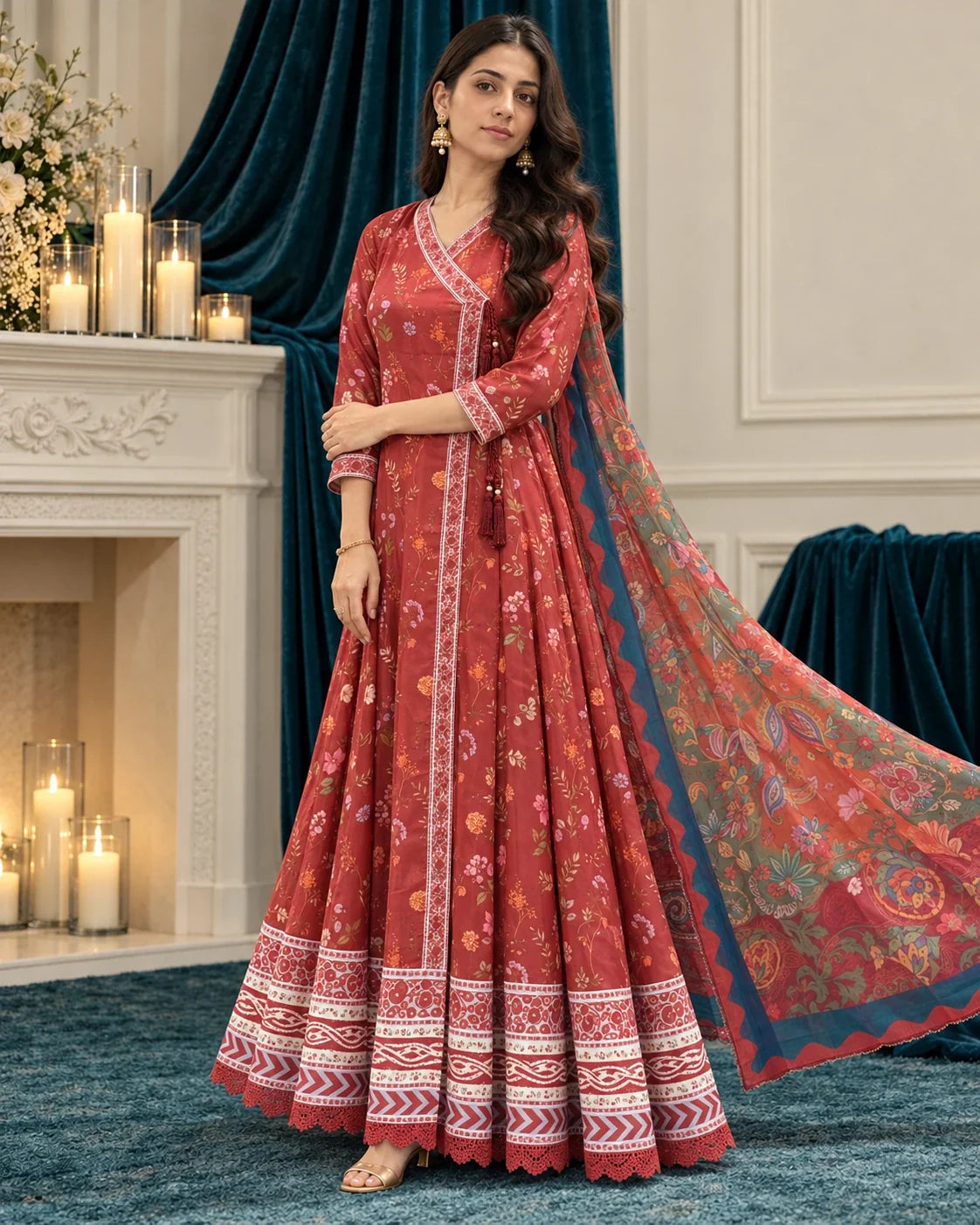Zinnia red printed angrakha with dupatta - editorial view