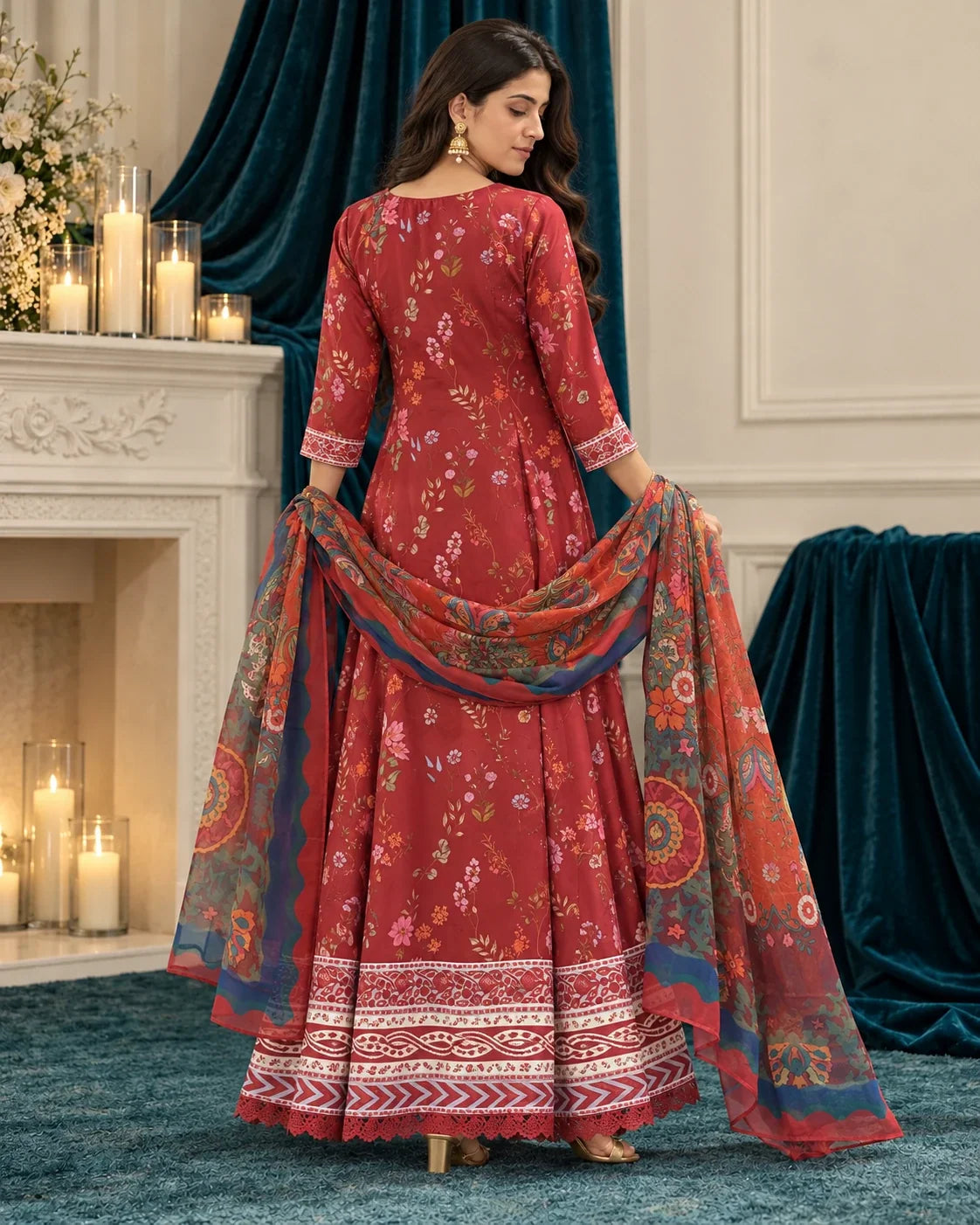 Zinnia red printed angrakha with dupatta - back view
