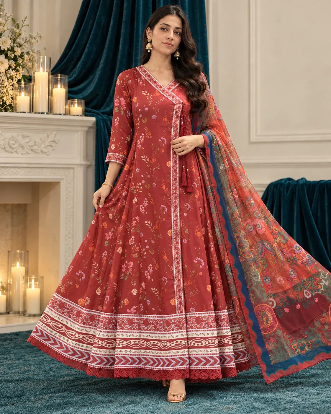 Zinnia red printed angrakha - full length flare and hem