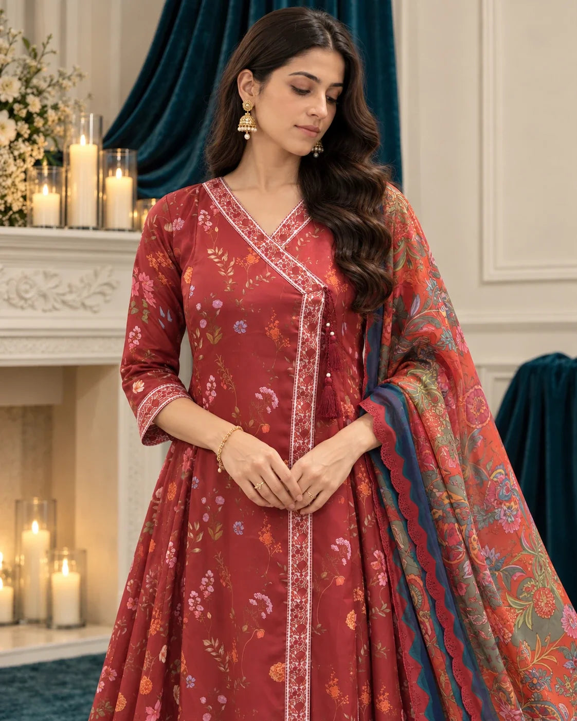 Zinnia red printed angrakha - neckline and print detail