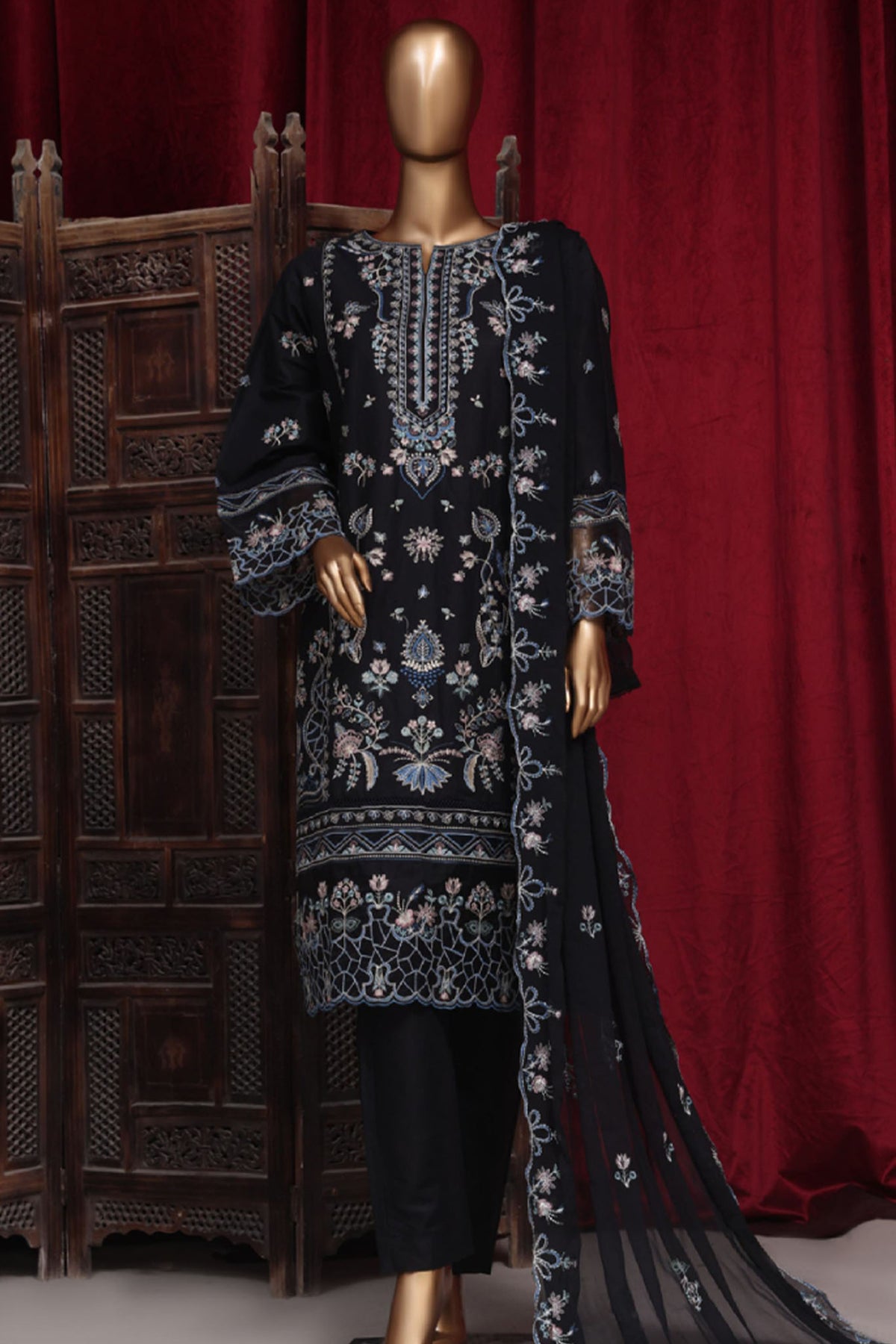 Bin Saeed Stitched 3 Piece Luxury Plain Emb Cotton Vol-03 Collection-LF-1796-Black