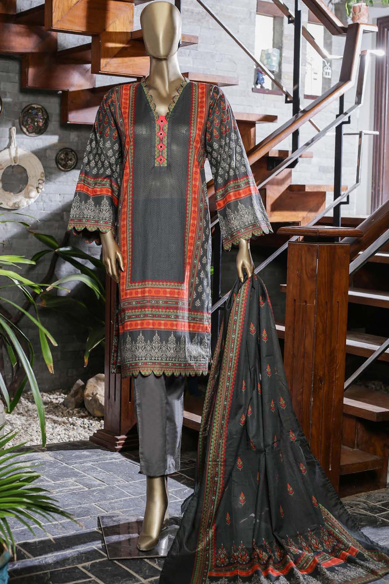 Bin Saeed Stitched 3 Piece Printed Lawn Collection'2022-F-0014-Grey