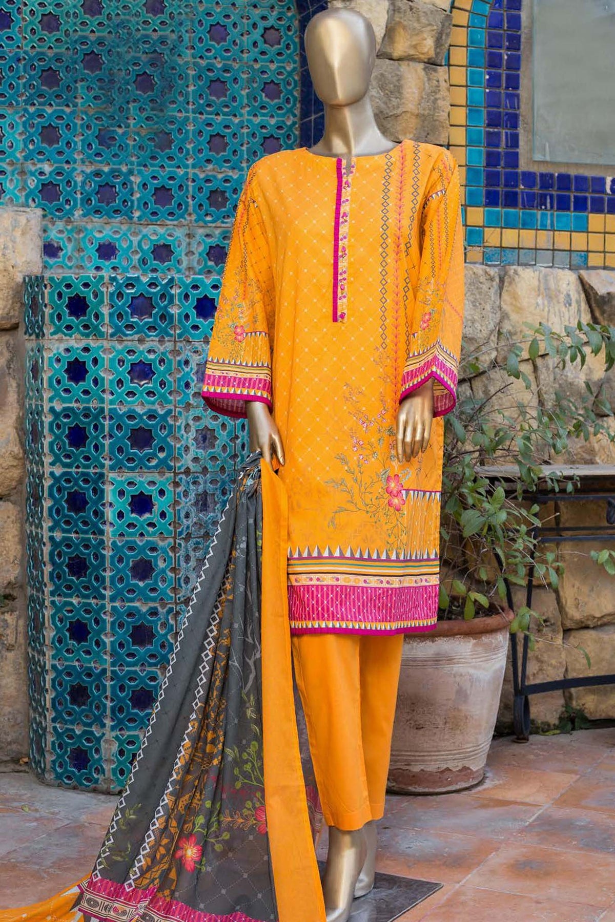 Bin Saeed Stitched 3 Piece Printed Lawn Collection'2022-F-0047-Orange