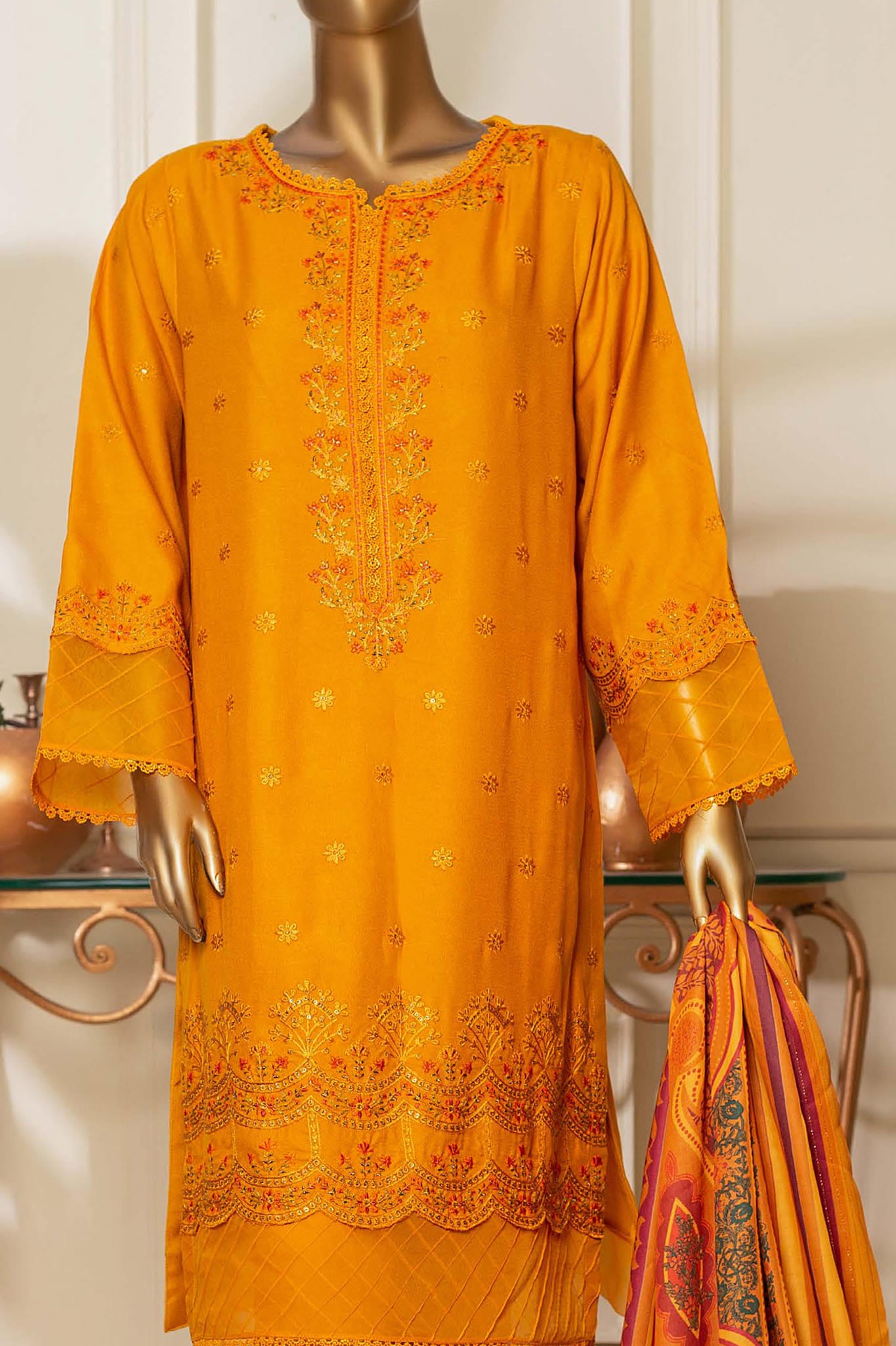 Bin Saeed Stitched 3 Piece Dhanak Winter Shawl Vol-03 Collection'2022-SM-06-Yellow