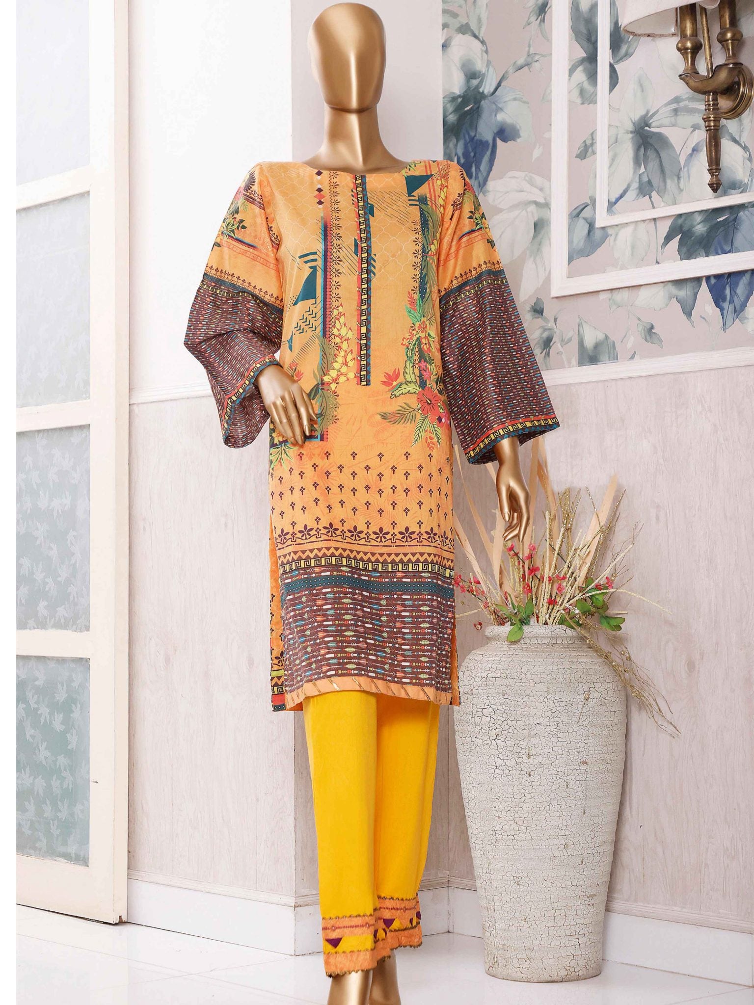 Bin Saeed Stitched Printed Lawn Kurti Collection’2021-K-148-Yellow