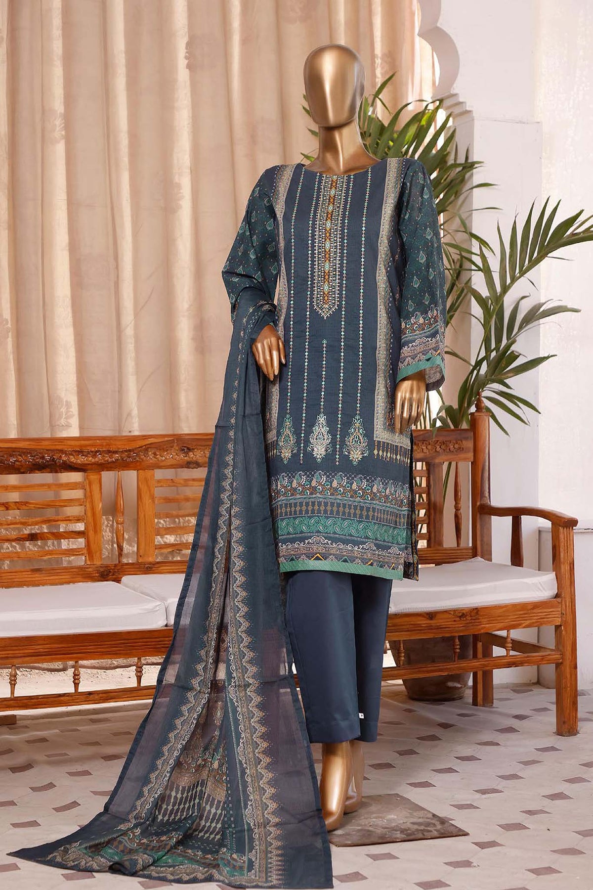 Bin Saeed Stitched 3 Piece Embroidered Lawn Collection'2022-F-1627-Blue