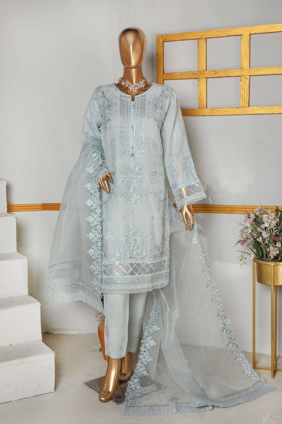 Hz Stitched 3 Piece Embroidered Organza Formal Collection'2023-HZK-81-Light Blue