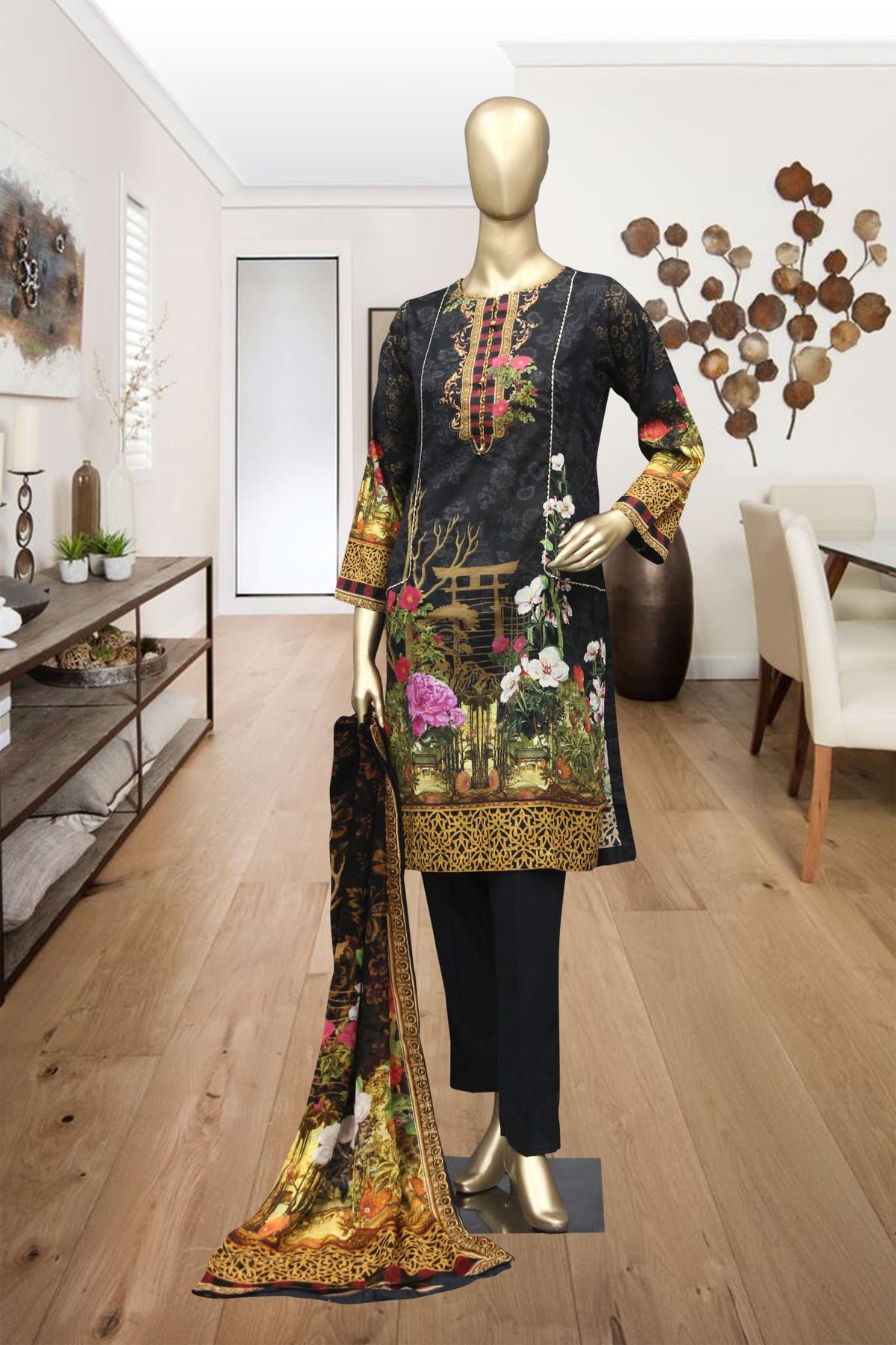 Shomi 3 piece Stitched Digital Printed Lawn Collection’2021-A-05-Black