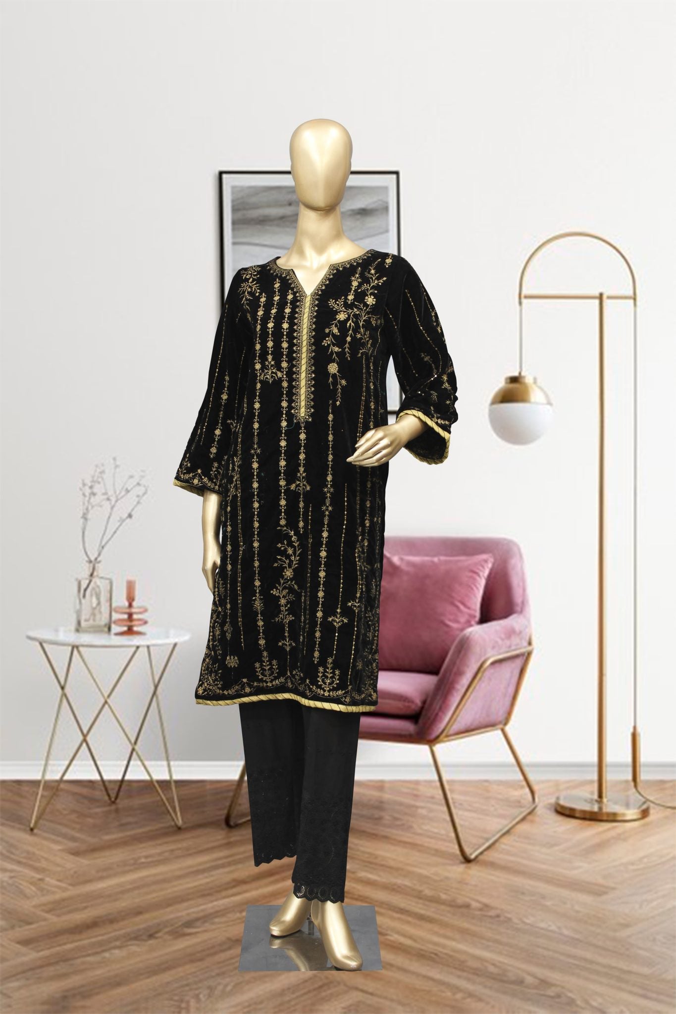 Bin Saeed Stitched Embroidered velvet Kurti Vol-04 Collection'2021-AMV-016-Black
